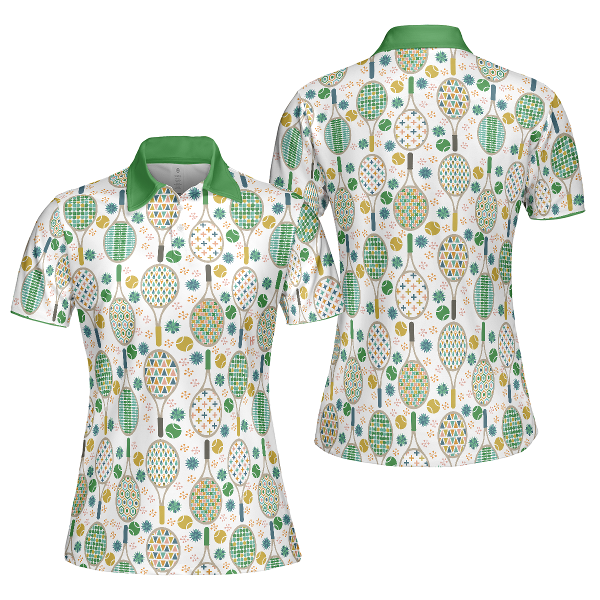 Green And Golden Tennis Pattern Short Sleeve Women Polo Shirt, Unique Golf Shirt For Ladies, Cool Gift For Tennis Lovers