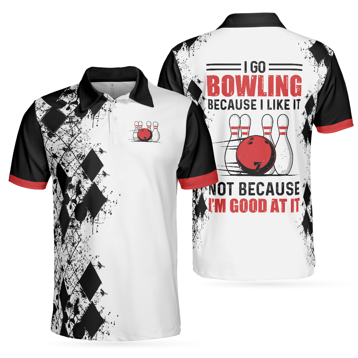 I Go Bowling Because I Like It Men Polo Shirt, Black Argyle Pattern Shirt Design, Best Polo Style Bowling Shirt