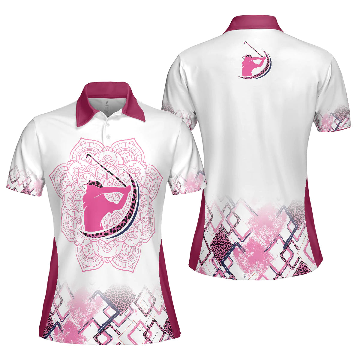 Leopard Mandala Pattern Thinning Layout Pink Girl Golf Short Sleeve Women Polo Shirt, Best Golf Shirt For Ladies