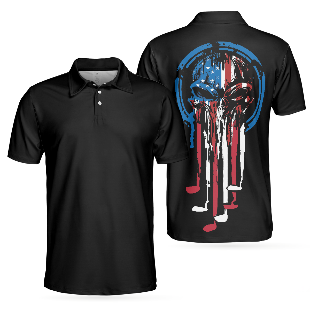 American Skull Golf Clubs Set Short Sleeve Black Golf Men Polo Shirt, Wet Paint American Flag Skull Polo Shirt, Best Golf Shirt For Men, Gift For Golfers