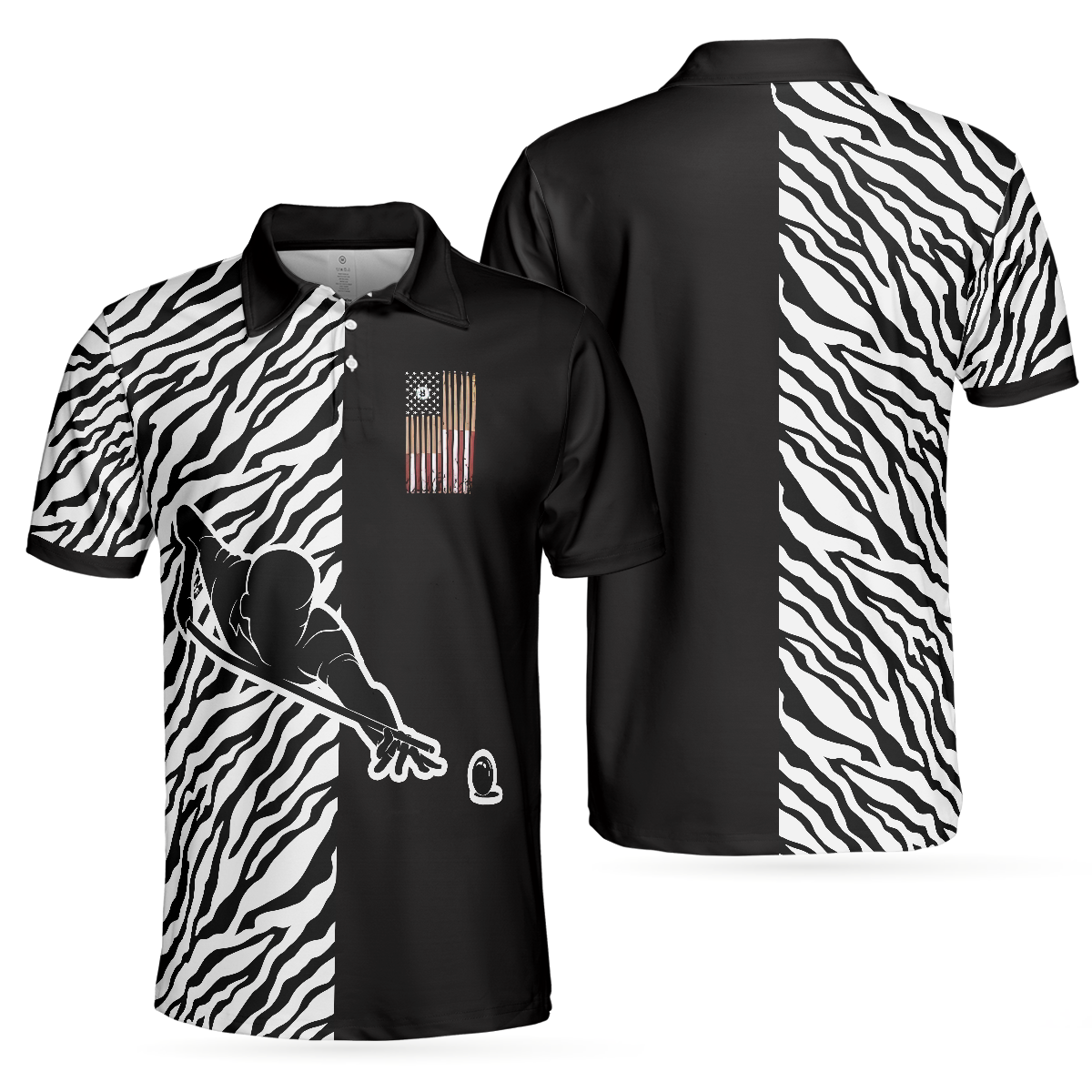 Men Polo Shirt - Billiards Zebra Polo Shirt, Cool Billiards Polo Shirt With Zebra Pattern, Best Pool Shirt For Pool Players