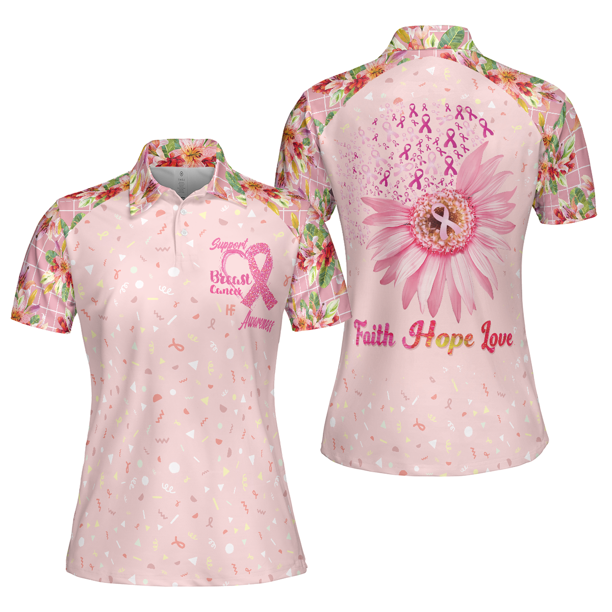 Colorful Flower Breast Cancer Awareness Women Polo Shirt, Fight Hope Love Breast Cancer Awareness Month Short Sleeve Shirt