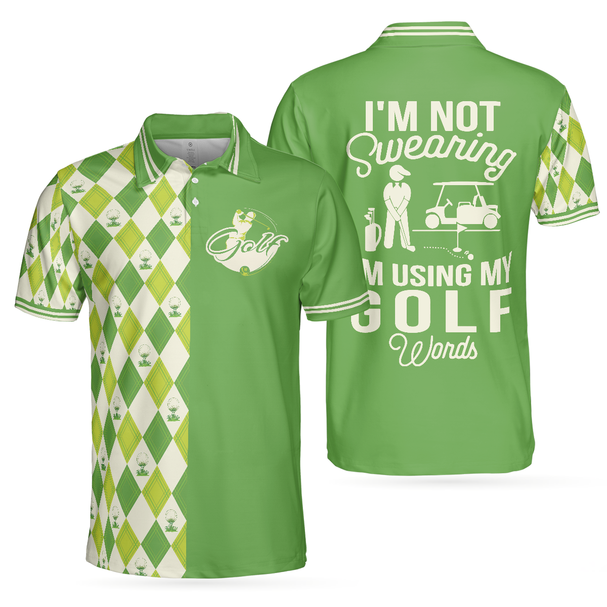 Golf Men Polo Shirt, I'm Not Swearing I'm Using My Golf Words Polo Shirt, Green Argyle Pattern Golf Shirt For Male Golfers