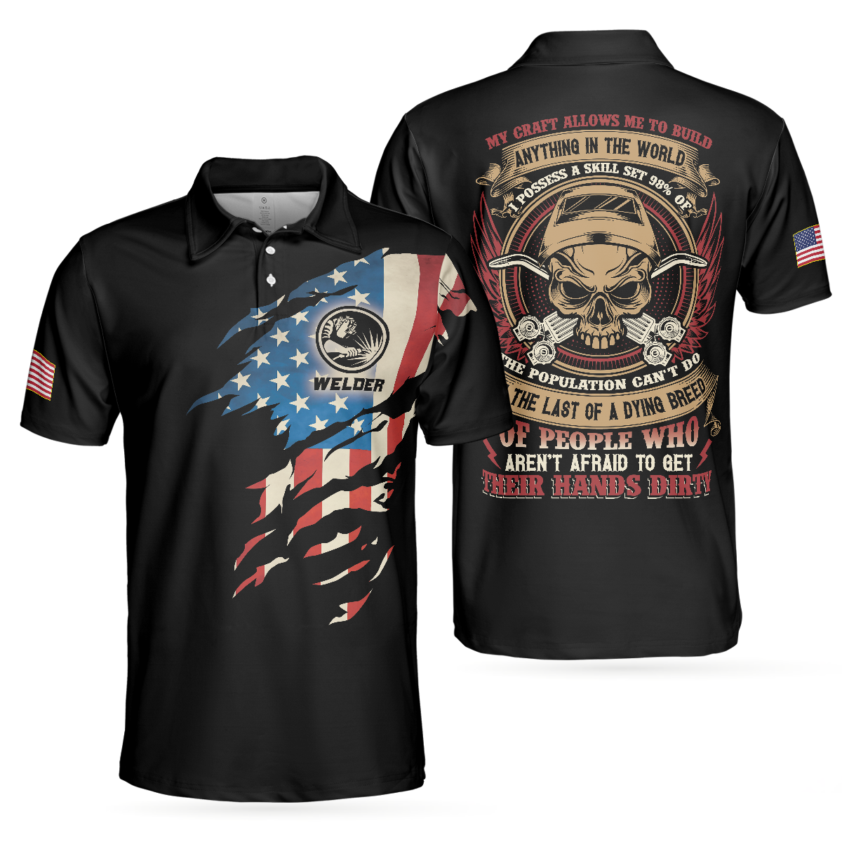 Welder My Craft Allows Me To Build Anything Polo Shirt, Skull American Flag Welder Shirt For Men - Perfect Gift For Men, Welder