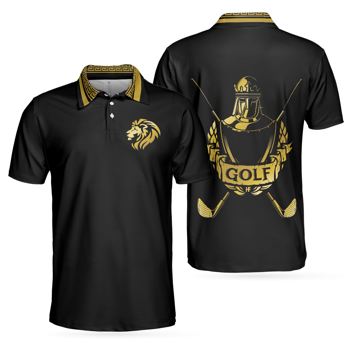 Golf Crusader King Lion Men Polo Shirt, Luxury Baroque Pattern Polo Shirt For Golf, Best Golf Shirt For Men