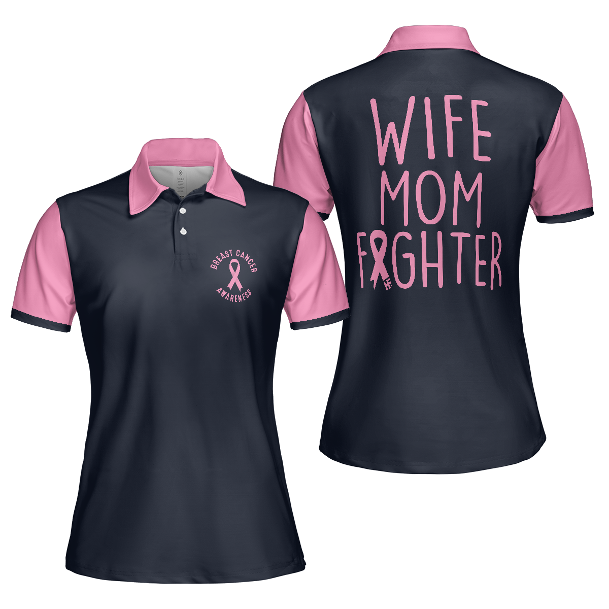 Wife Mom Fighter Short Sleeve Women Polo Shirt, Black And Pink Breast Cancer Ribbon Shirt For Mom - Perfect Gift For Mom