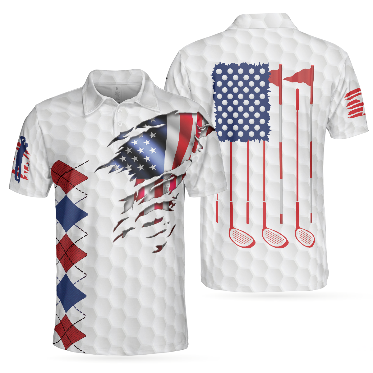 Golf American Flag Argyle Men Polo Shirt, White Golf Texture American Flag Polo Shirt, Patriotic Golf Shirt For Men, Best Gift For Golfers