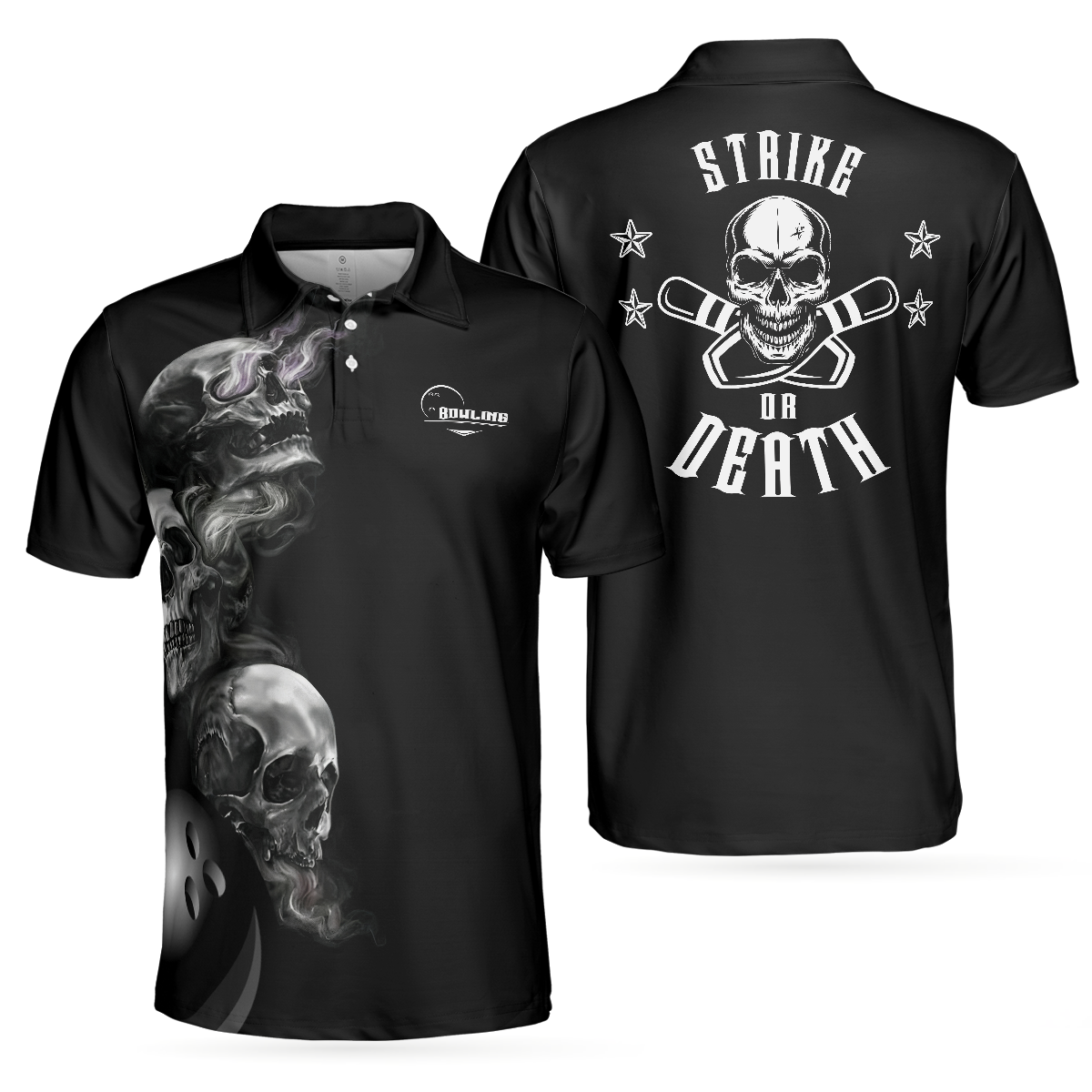 Bowling Men Polo Shirt - Strike Or Death Bowling Polo Shirt, Black Skull Style Bowling Polo Shirt - Perfect Gift For Friend, Family, Bowling Lovers