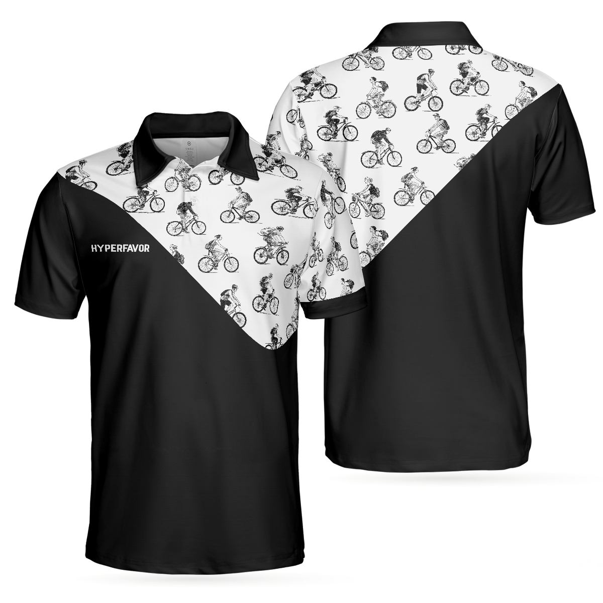 Cyclists Sketch Pattern Polo Shirt, Black And White Cycling Pattern Polo Shirt, Sporty Shirt For Cyclists