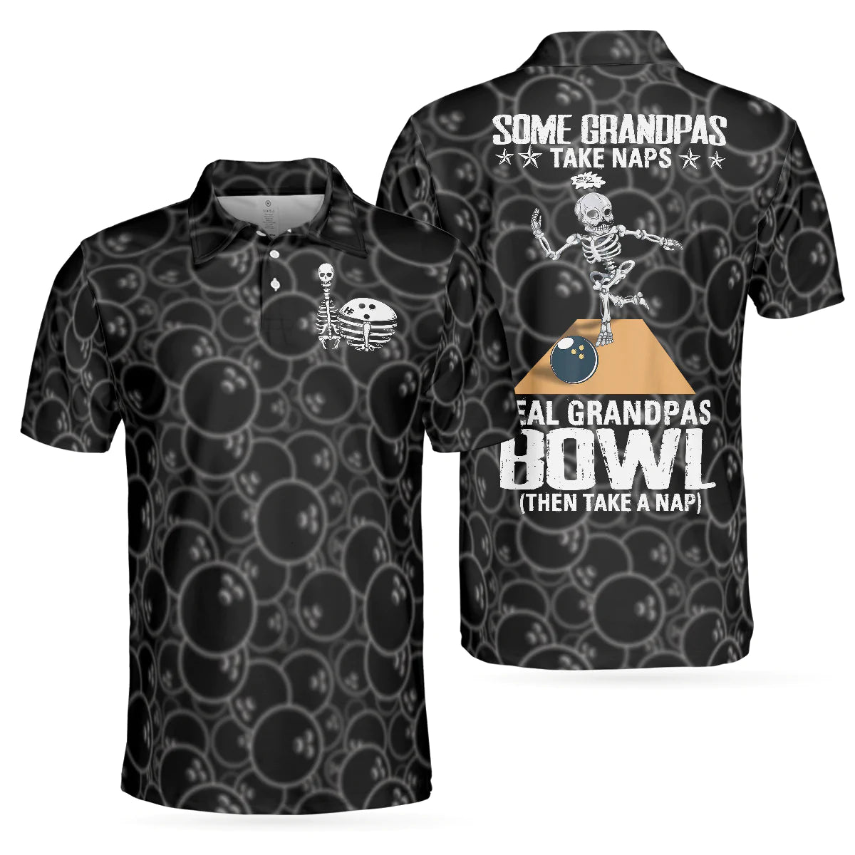 Real Grandpas Bowl Polo Shirt, Black Ball Pattern Bowling Polo Shirt, Funny Bowling Shirt With Sayings - Best Bowling Gift For Men