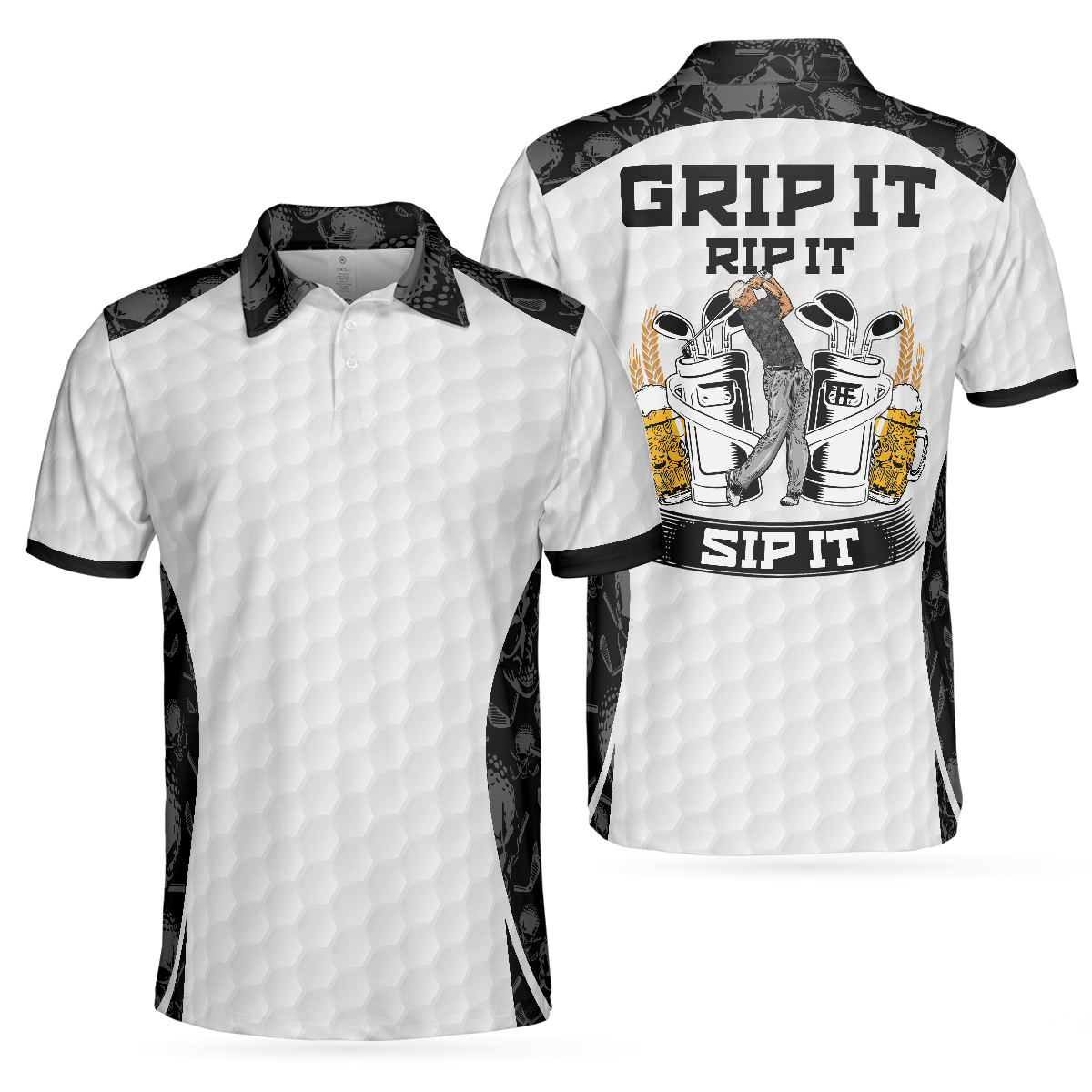 Golf Ball Pattern Skull Polo Shirt, Grip It Rip It Sip It Golf White Shirt For Christmas, Scary Gift Idea For Golfers