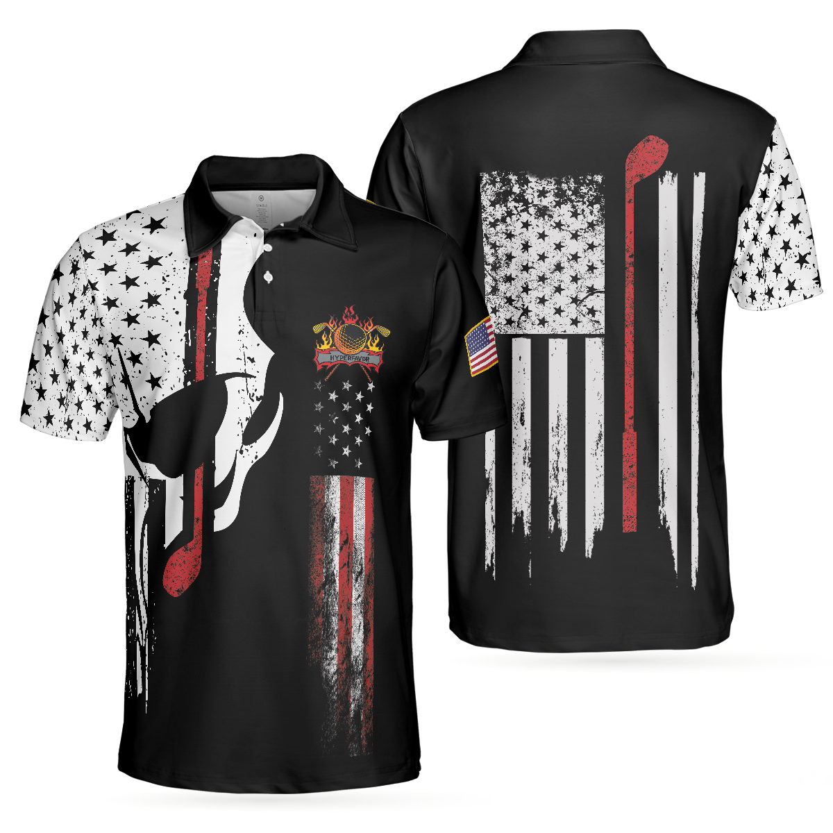 Skull American Flag With Golf Club Polo Shirt, Black And White American Flag Polo Shirt, Patriotic Golf Shirt For Men - Perfect Gift For Men, Golfers