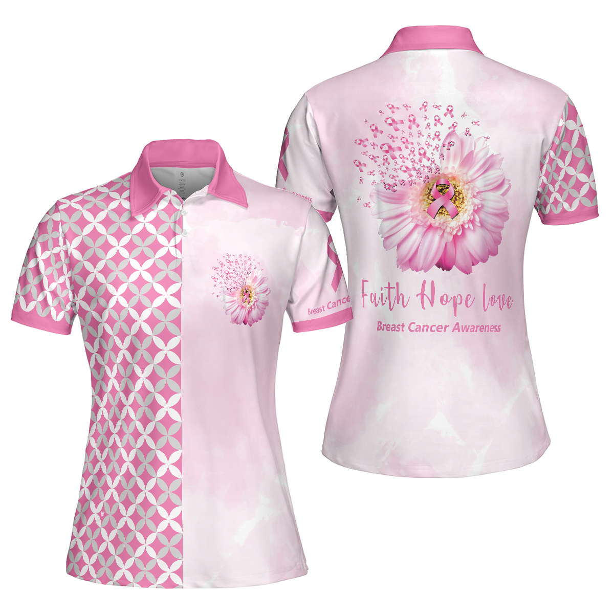 Pink Breast Cancer Awareness Women Polo Shirt, Faith Hope Love Breast Cancer Awareness Short Sleeve Shirt For Ladies