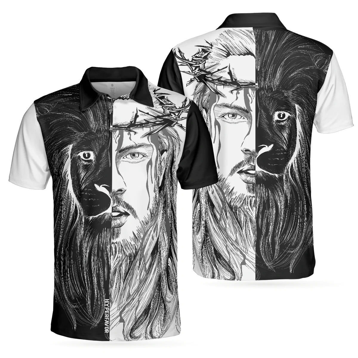 Jesus Christ Lion Contrast Art Christian Men Polo Shirt, Black And White Christian Shirt For Men, Best Shirt For Christian