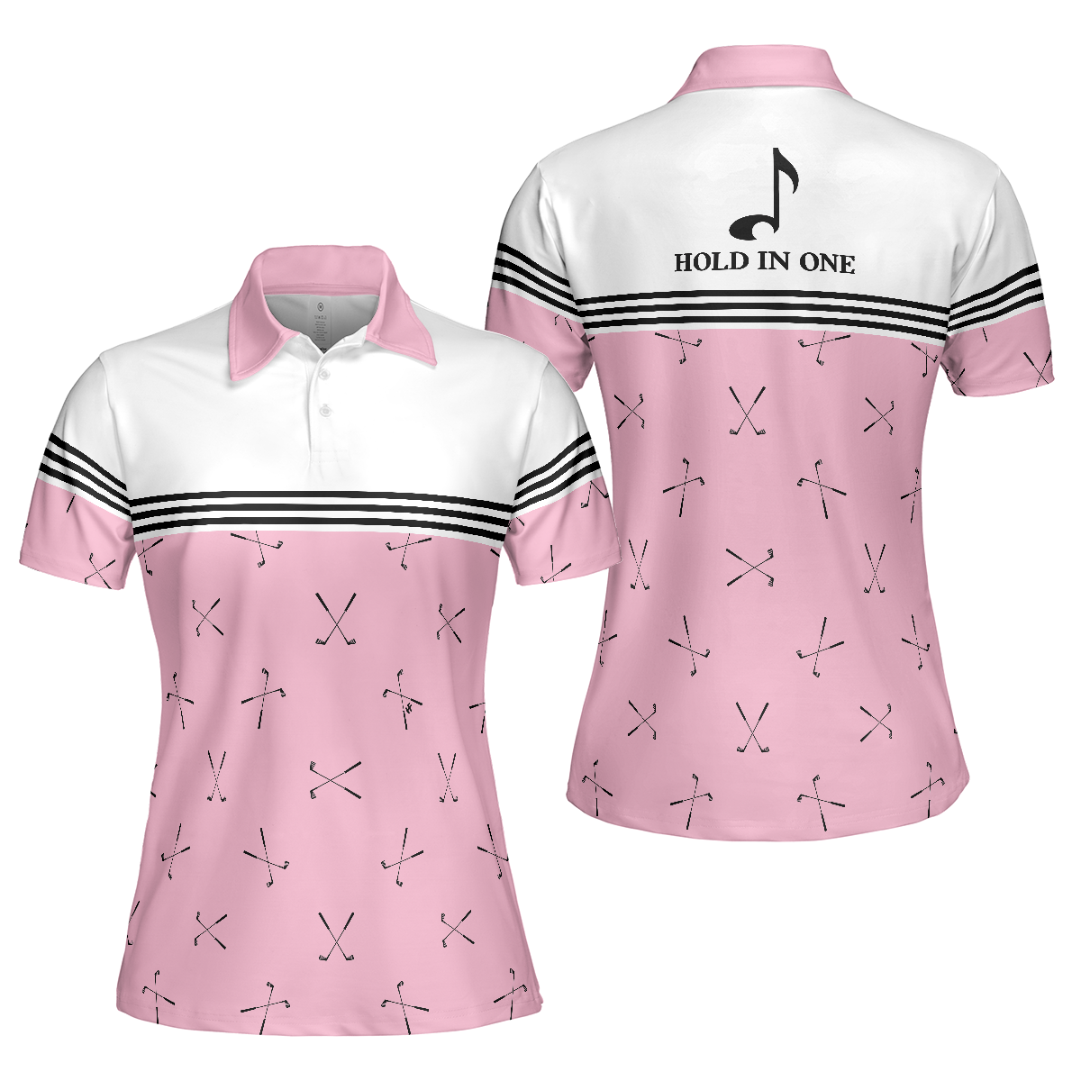 Hole In One Pink Golf Short Sleeve Women Polo Shirt, Golf Club Repeat Pattern Golfing Shirt, Pink Shirt For Women