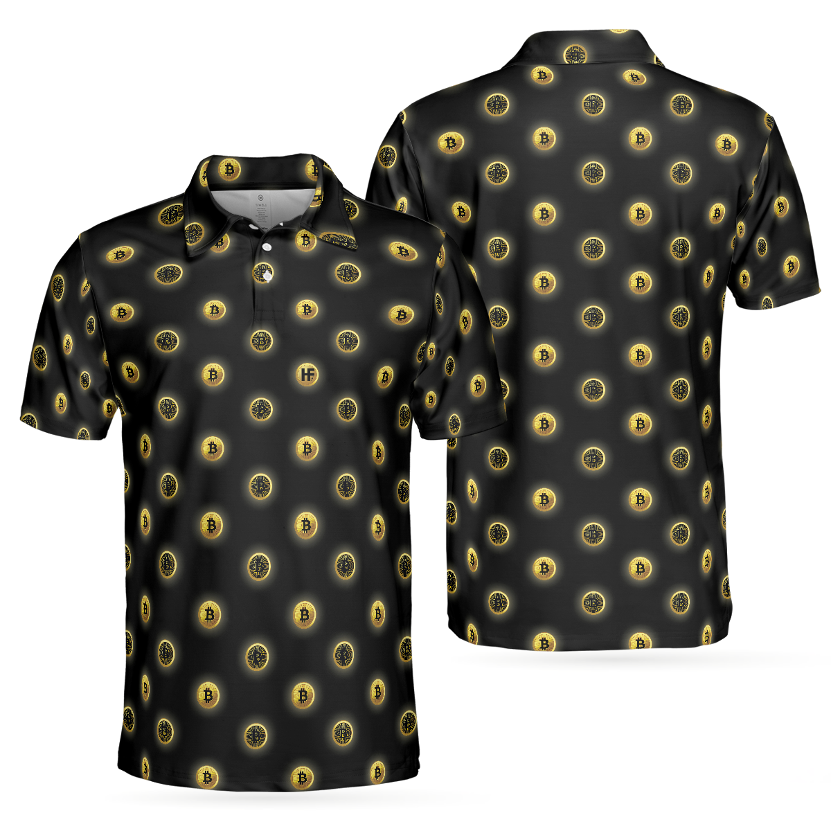 Golden Black Bitcoin Polo Shirt, Golden Cryptocurrency Short Sleeve Polo Shirt For Traders, Best Bitcoin Themed Shirt