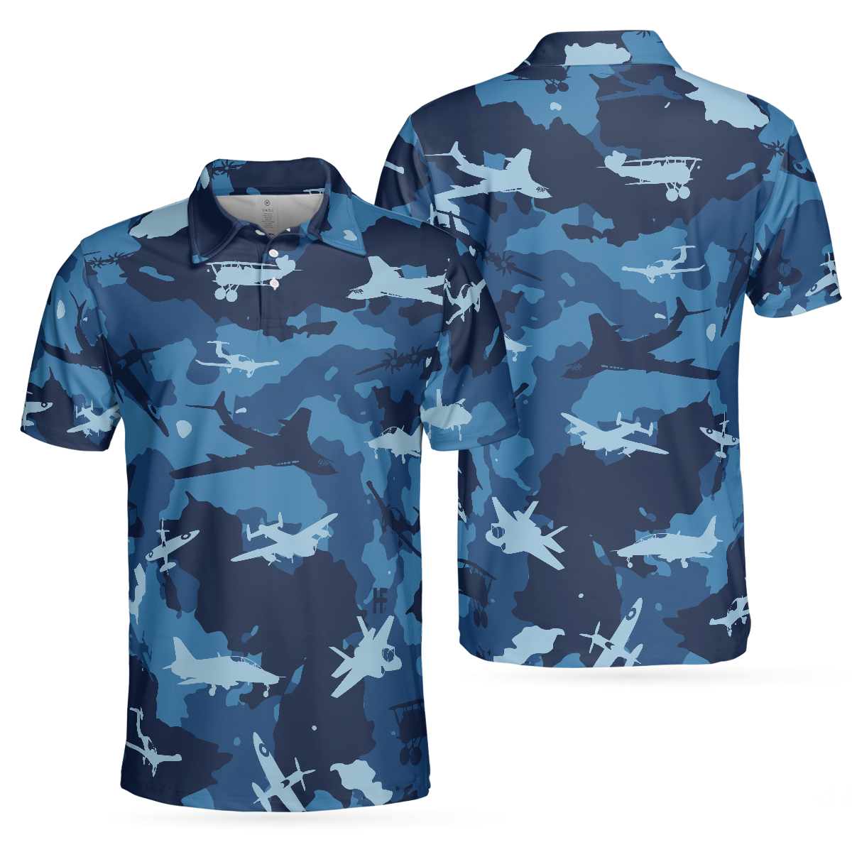 Army Men Polo Shirt, Aircraft Ocean Blue Camouflage Short Sleeve Polo Shirt, Best Camo Shirt For Men