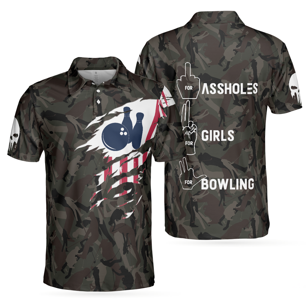 Hand Instruction American Flag Camouflage Bowling Men Polo Shirt, Camo Bowling Shirt For Men, Gift For Patriot Veteran