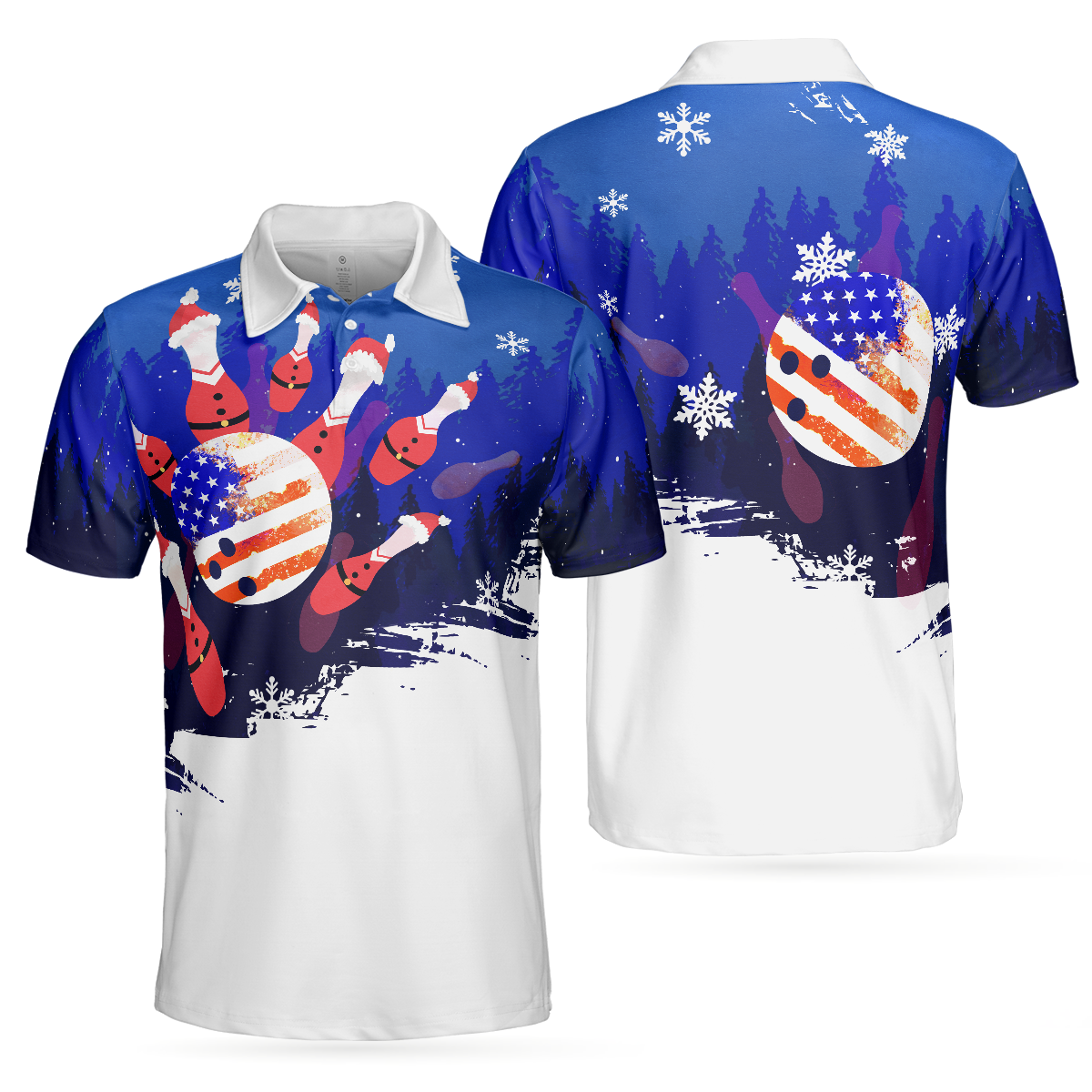 Bowling Men Polo Shirt - Christmas Bowling with Santa Pins Men Polo Shirts, American Flag Polo Shirt For Men - Perfect Gift For Friend, Family, Bowling Lovers