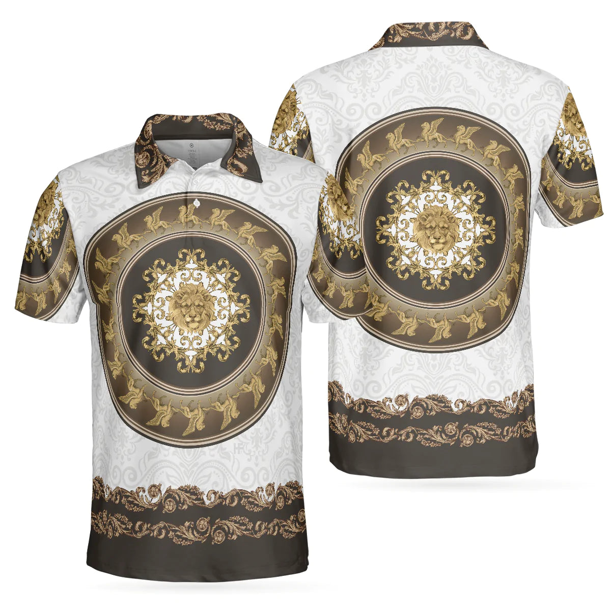 Lion Of Saint Mark Vintage Style Polo Shirt, Luxury Golden Baroque Pattern Polo Shirt For Men