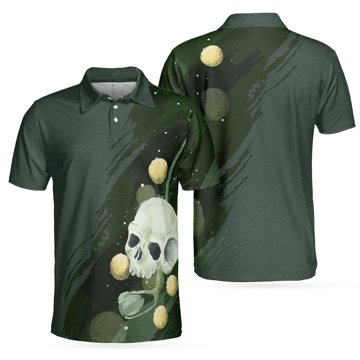 Water Color Golf Skull With Golf Ball Short Sleeve Polo Shirt, Dark Green Golf Shirt For Men - Perfect Gift For Men, Golfers