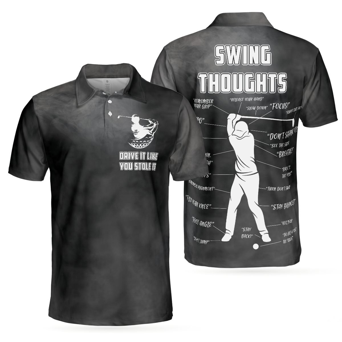Cerigifts Swing Thoughts Golf Polo Shirt Black and Smoke Golfing Shirt Funny Golf Shirt for Men Perfect Gift for Men Golfers