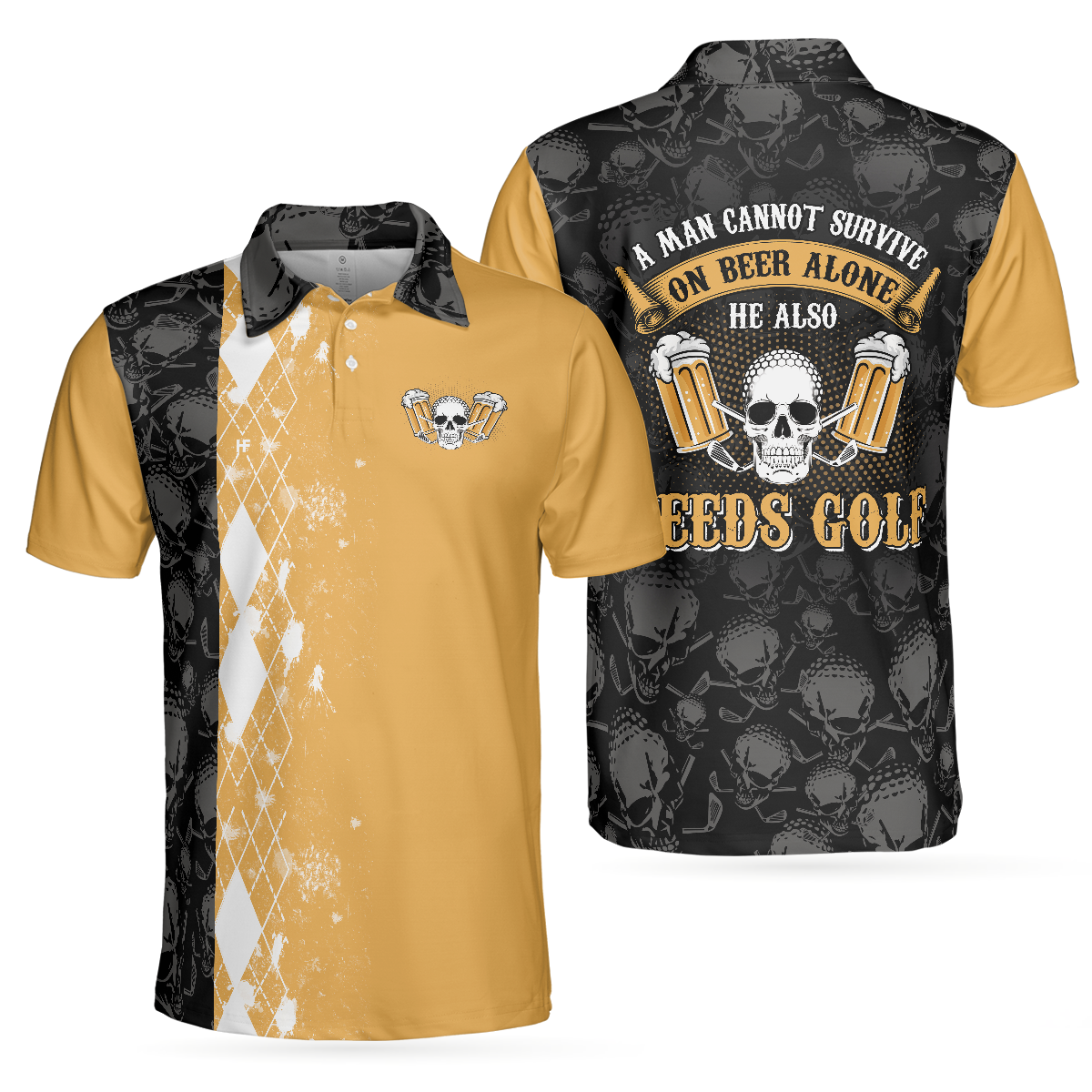 Argyle Pattern Men Polo Shirt, A Man Cannot Survive On Beer Alone He Also Needs Golf Polo Shirt, Skull Beer Drinking Golf Shirt, Gift For Golfers