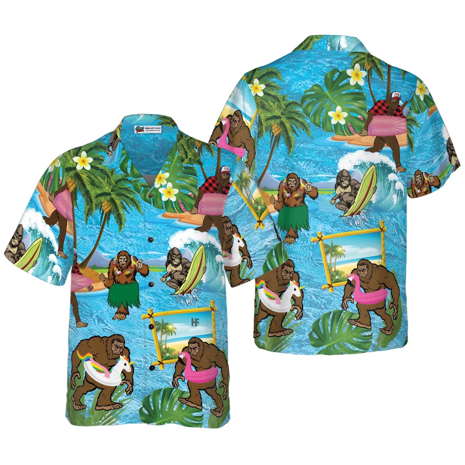 Bigfoot On The Beach, Bigfoot Hawaiian Shirt, Tropical Aloha Wave Surfing Bigfoot Shirt For Men, Bigfoot Summer Beach Aloha Shirt For Men, Perfect Gift For Beach Lovers, Friends, Husband, Boyfriend, Family, Summer Lovers