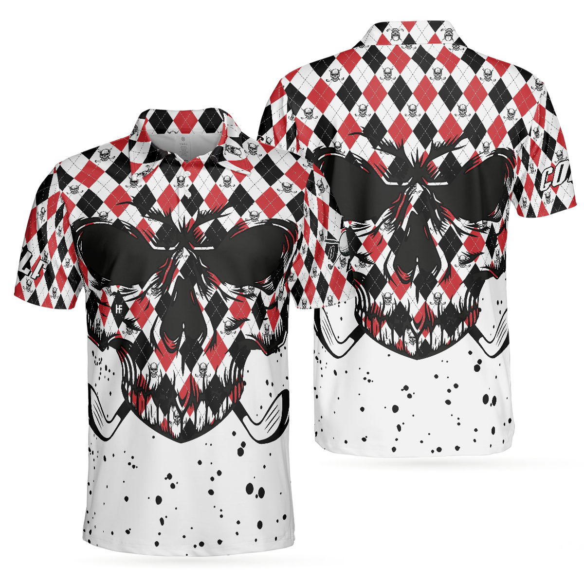 Golf Skull Red Black And White Pattern Polo Shirt, Argyle Pattern Polo Shirt, Best Golf Shirt For Men