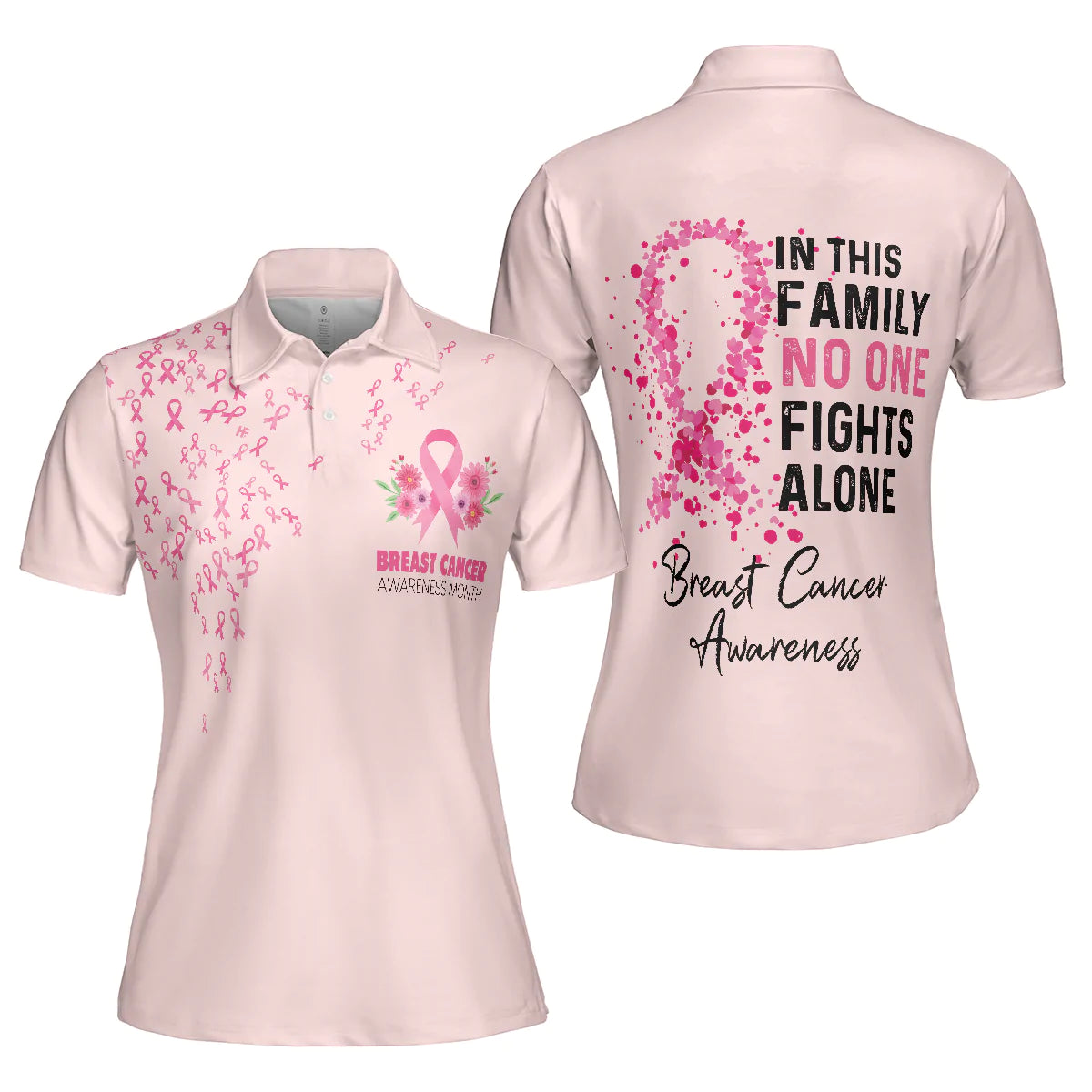 Breast Cancer Awareness Short Sleeve Women Polo Shirt, In This Family No One Fights Alone Shirt For Ladies, Cool Gift For Female