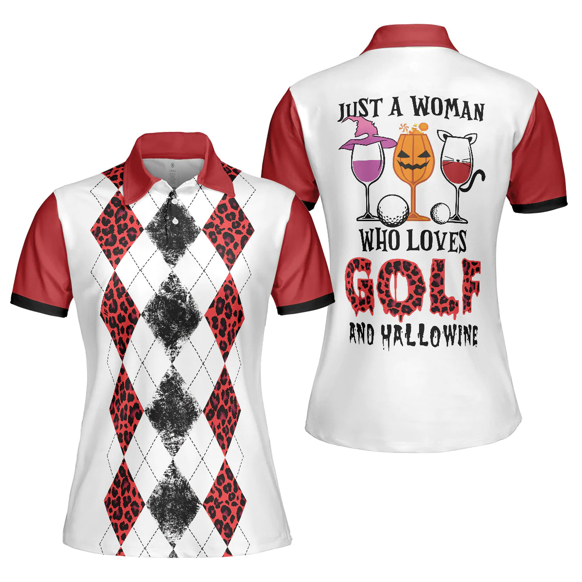 White And Red Leopard Argyle Pattern Wine Women Polo Shirt, Just A Woman Who Loves Golf And Hallowine Golf Short Sleeve Shirt For Female, Halloween Golf Shirt For Ladies