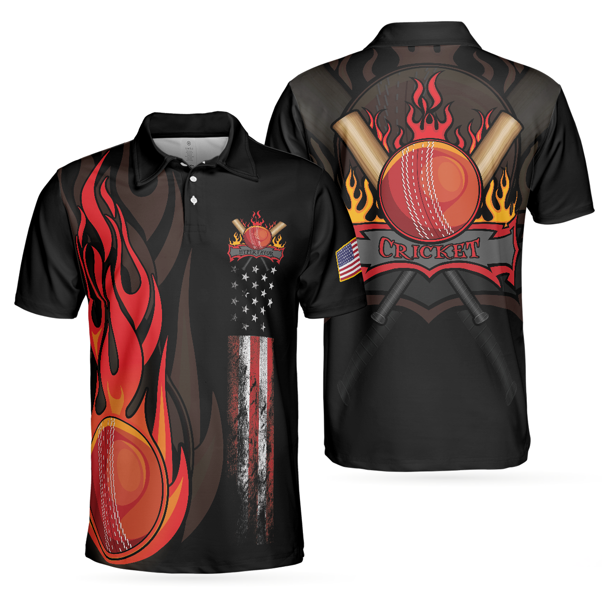 Cricket Flame Short Sleeve Black Polo Shirt For Golf, American Flag Polo Shirt, Best Cricket Shirt For Men, Best Gift For American Golfers