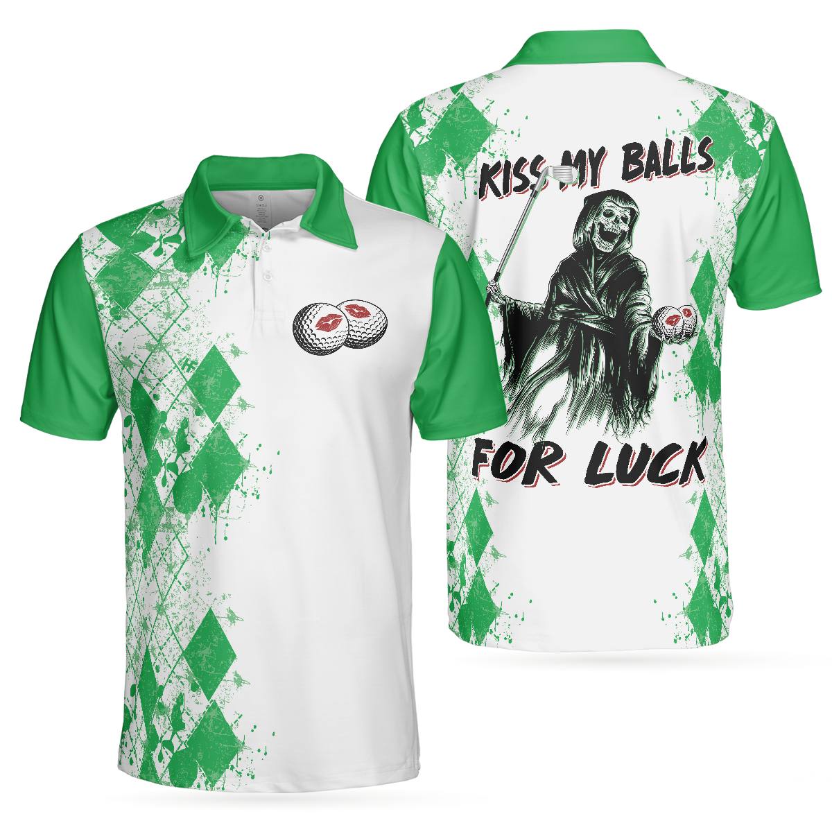 Golf Kiss My Balls Polo Shirt, Green Argyle Pattern Golf Shirt Design, Scary Halloween Golf Gift For Golfers