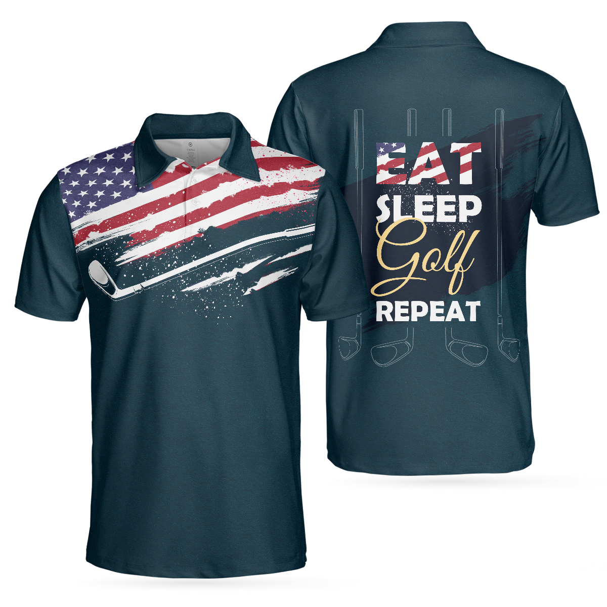 American Flag Golf Men Polo Shirt, Eat Sleep Golf Repeat Short Sleeve Polo Shirt, Dark Navy Golf Shirt For Men, Gift For Golfers