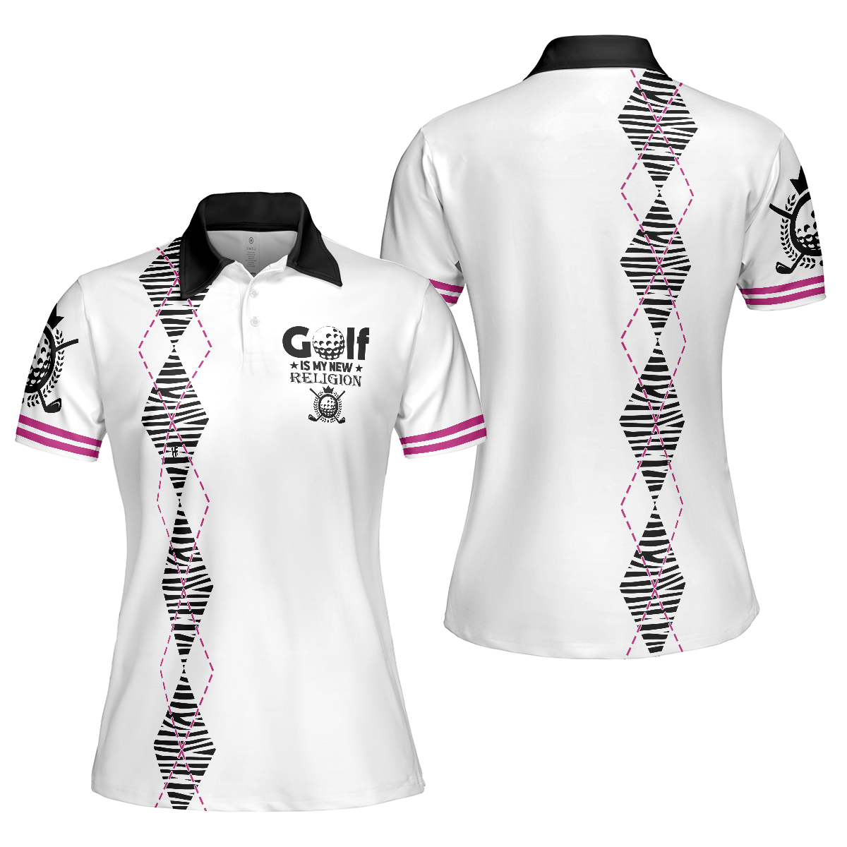 Golf Is My New Religion Golf Short Sleeve Women Polo Shirt, Zebra Argyle Golf Shirt For Ladies, Unique Golf Gift