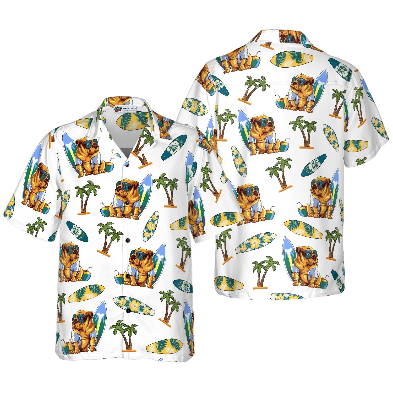 Bulldog Surf And Palm Hawaiian Shirt, Best Gift For Bulldog Lover, Friend, Family