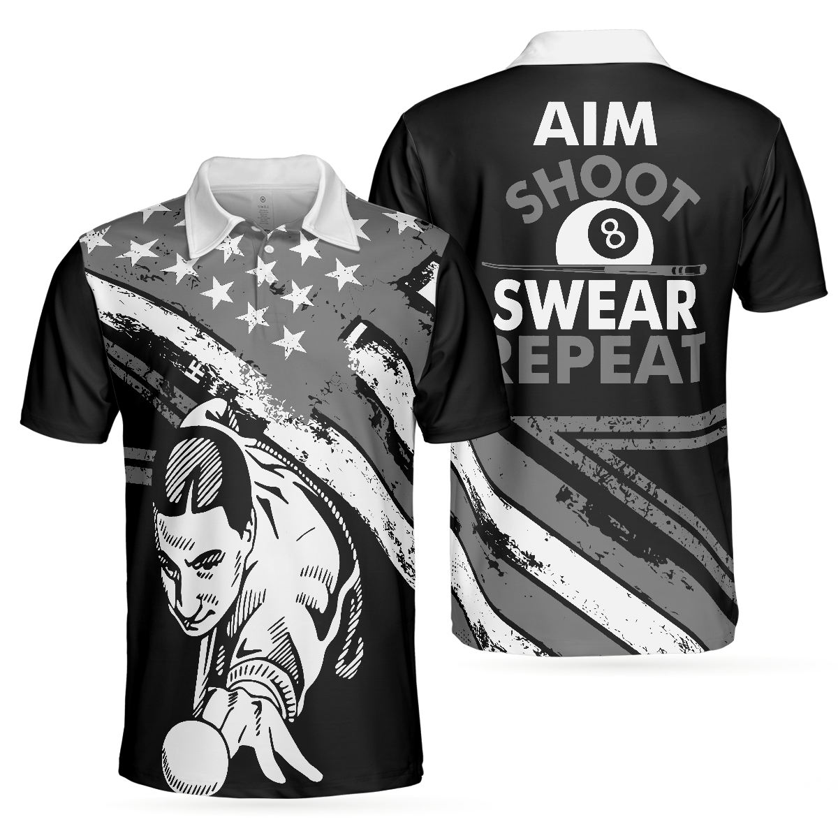 Aim Shoot Swear Repeat Billiards Men Polo Shirt, Best American Flag Pattern Billiards Shirt Design For Male, Gift For Golfers