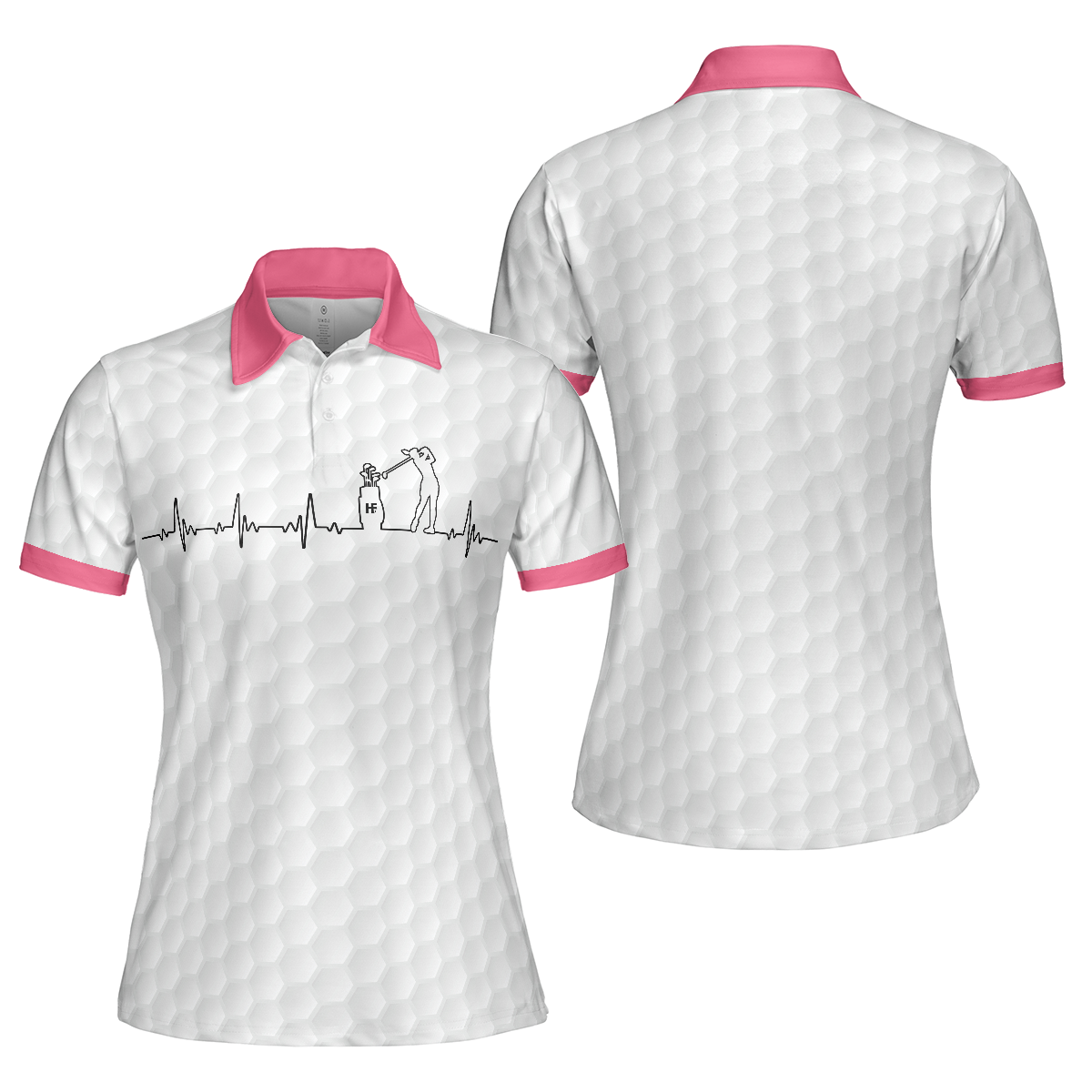 Heartbeat Golfer White And Pink Golf Short Sleeve Women Polo Shirt, Golf Shirt For Ladies, Best Gift For Golfers