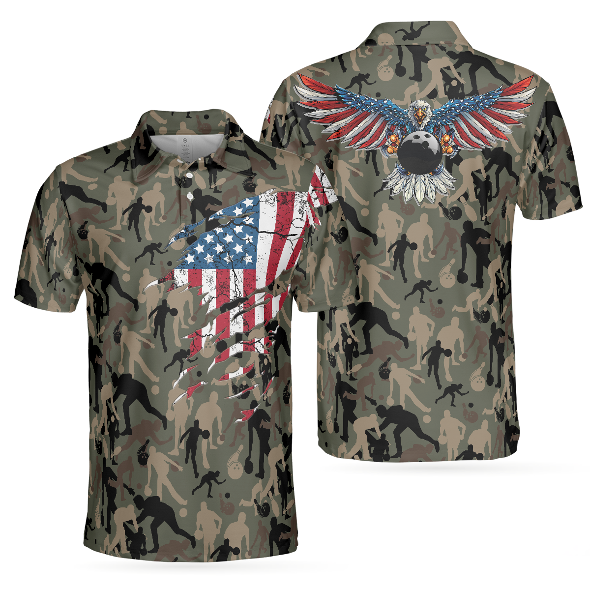 Bowling Men Polo Shirt - Bowling Camouflage American Eagle Flag Polo Shirt - Perfect Gift For Friend, Family, Bowling Lovers