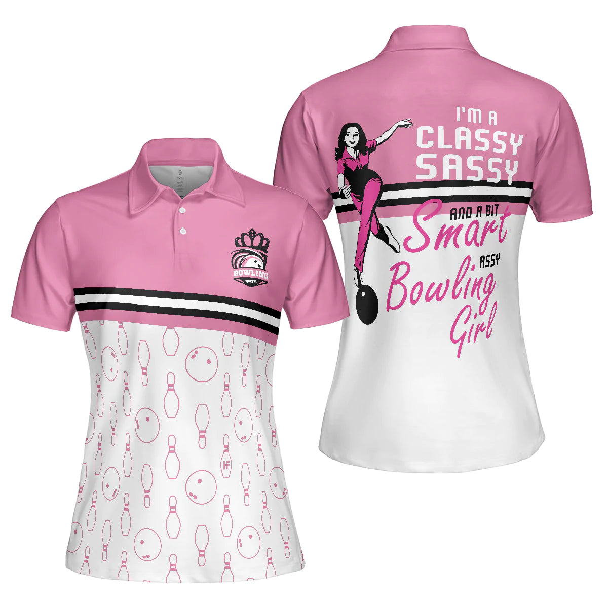 Pink Bowling Ball And Pin Pattern Women Polo Shirt, I'm A Classy Sassy Bowling Girl Bowling Short Sleeve Shirt For Ladies, Gift For Bowling Lovers