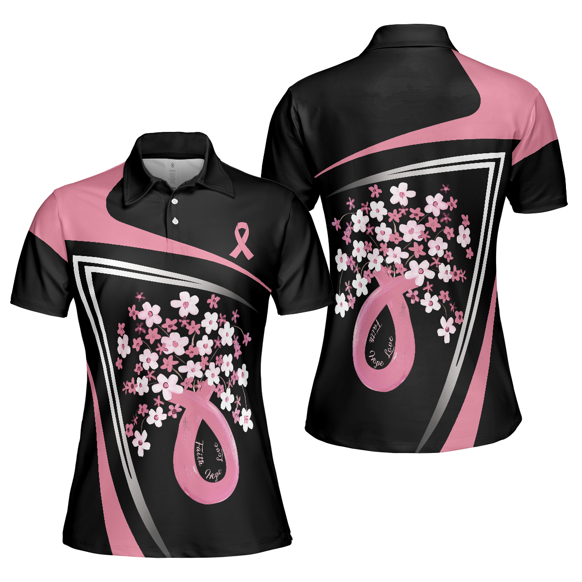 Flowers Faith Hope Love Pink Breast Cancer Awareness Short Sleeve Women Polo Shirt, Awareness Ribbon Polo Shirt For Ladies