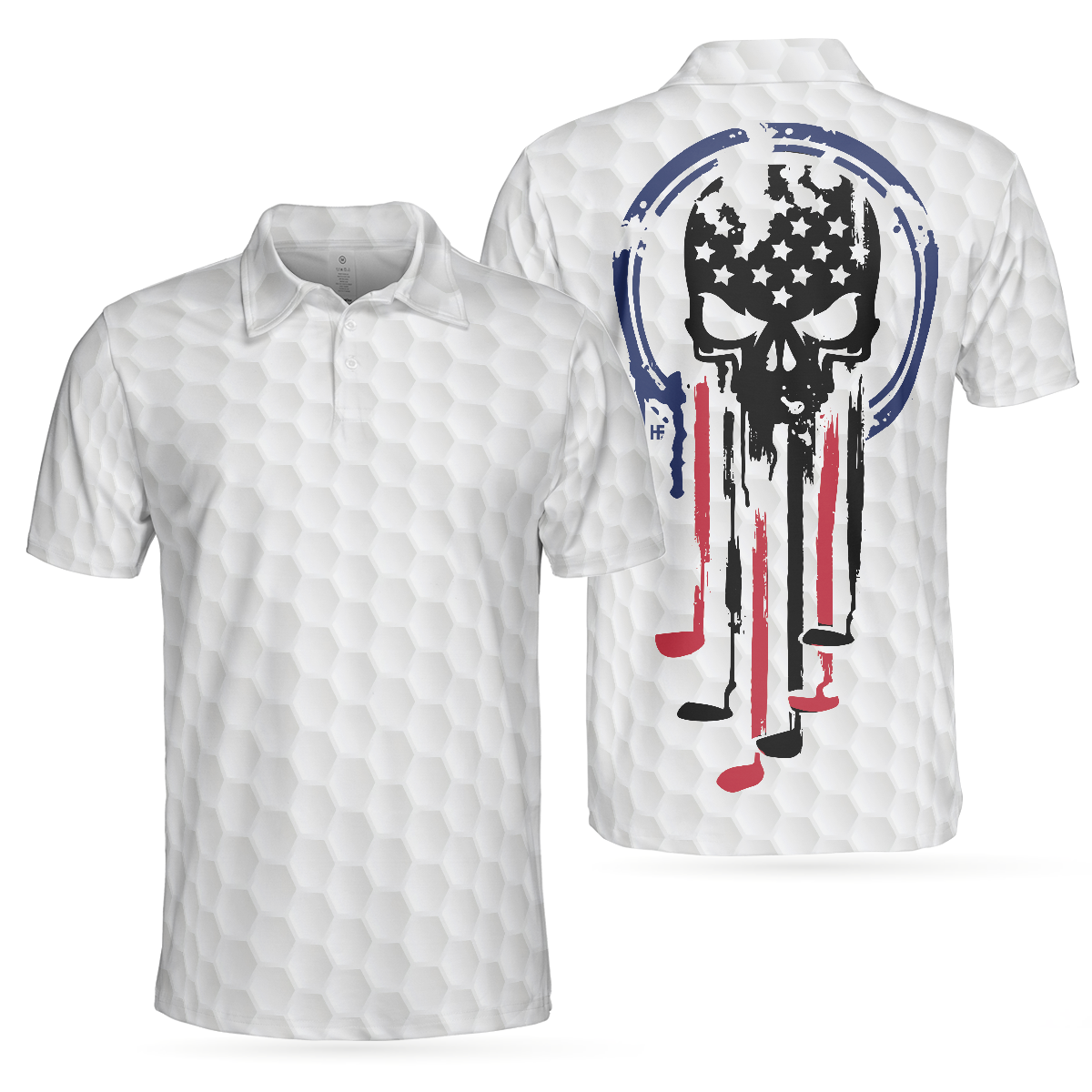 American Skull Golf Clubs Set Short Sleeve White Golf Men Polo Shirt, Wet Paint American Flag Skull Polo Shirt, Best Golf Shirt For Men, Gift For Golfers