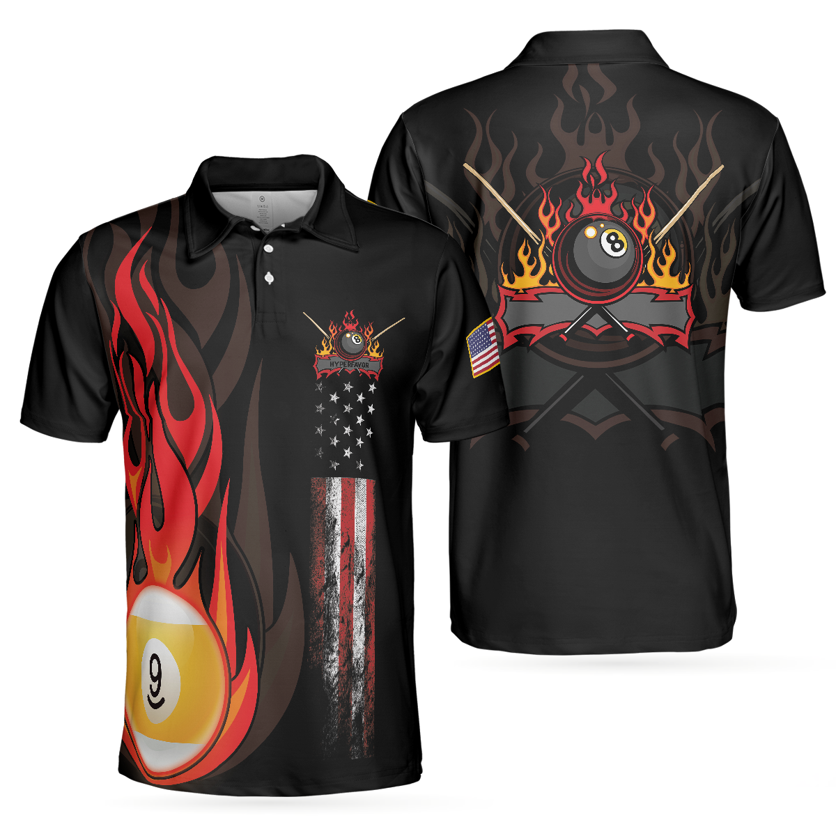 Flame 9 Ball Billiards Pool Men Polo Shirt, American Flag Billiards Shirt For Men, Gift For Pool Players