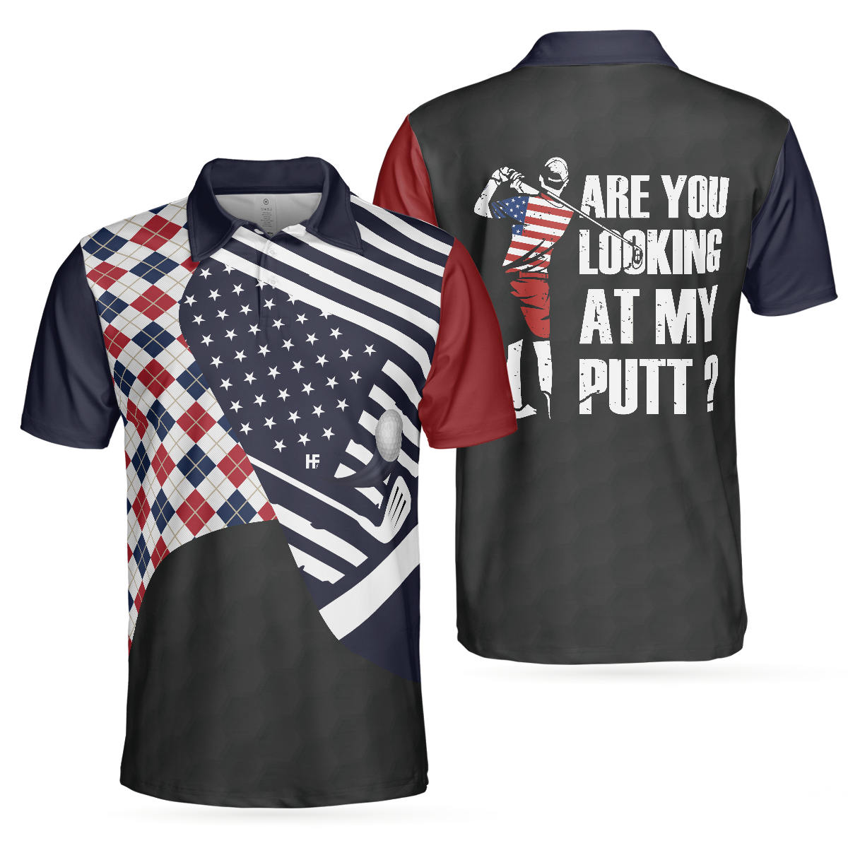 Argyle Pattern USA Flag Men Polo Shirt, Are You Looking At My Putt Shirt For Men Golfers, Gift For Golfers