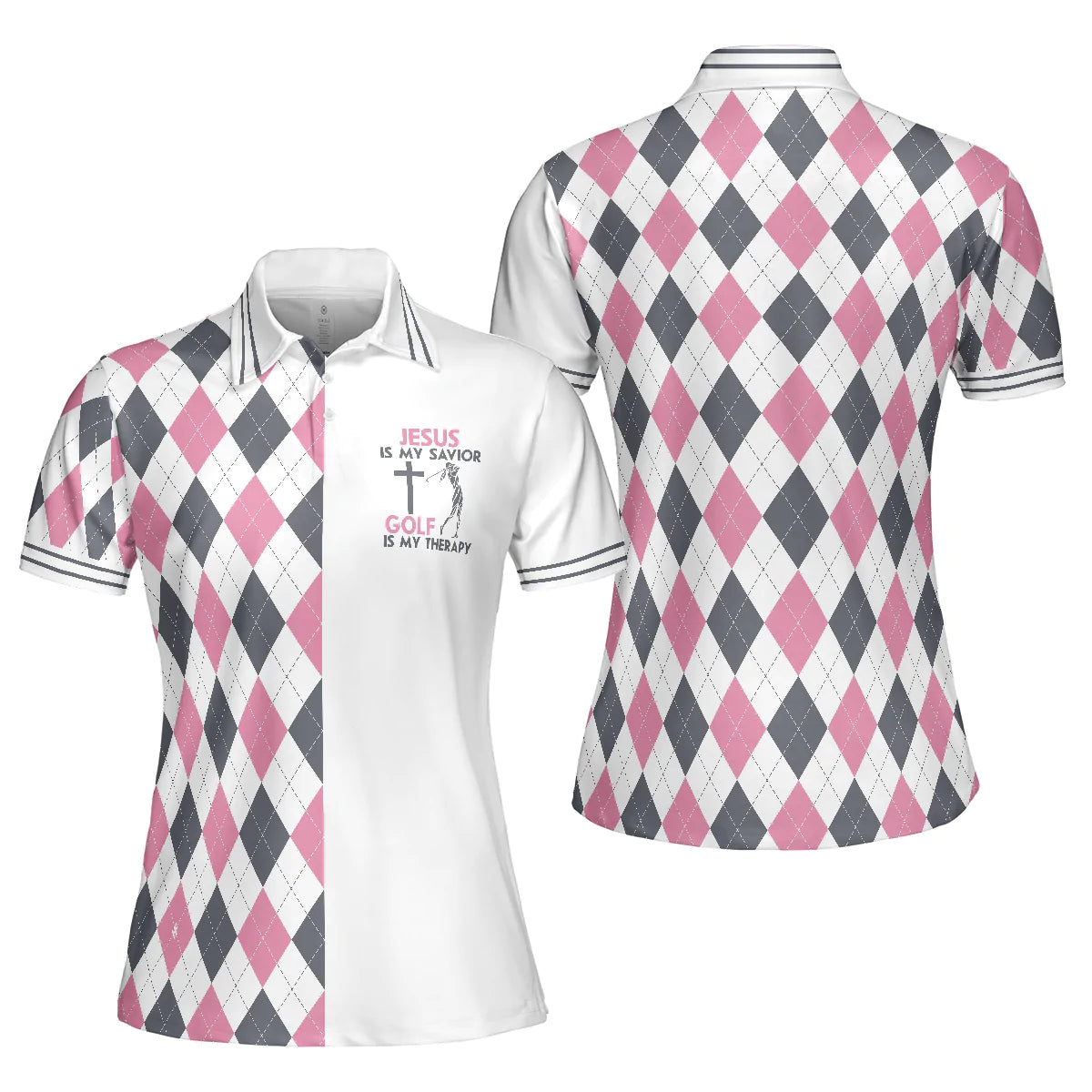 Jesus Women Polo Shirt, Jesus Is My Savior Golf Is My Therapy Short Sleeve Women Polo Shirt, Argyle Pattern Golf Shirt For Ladies