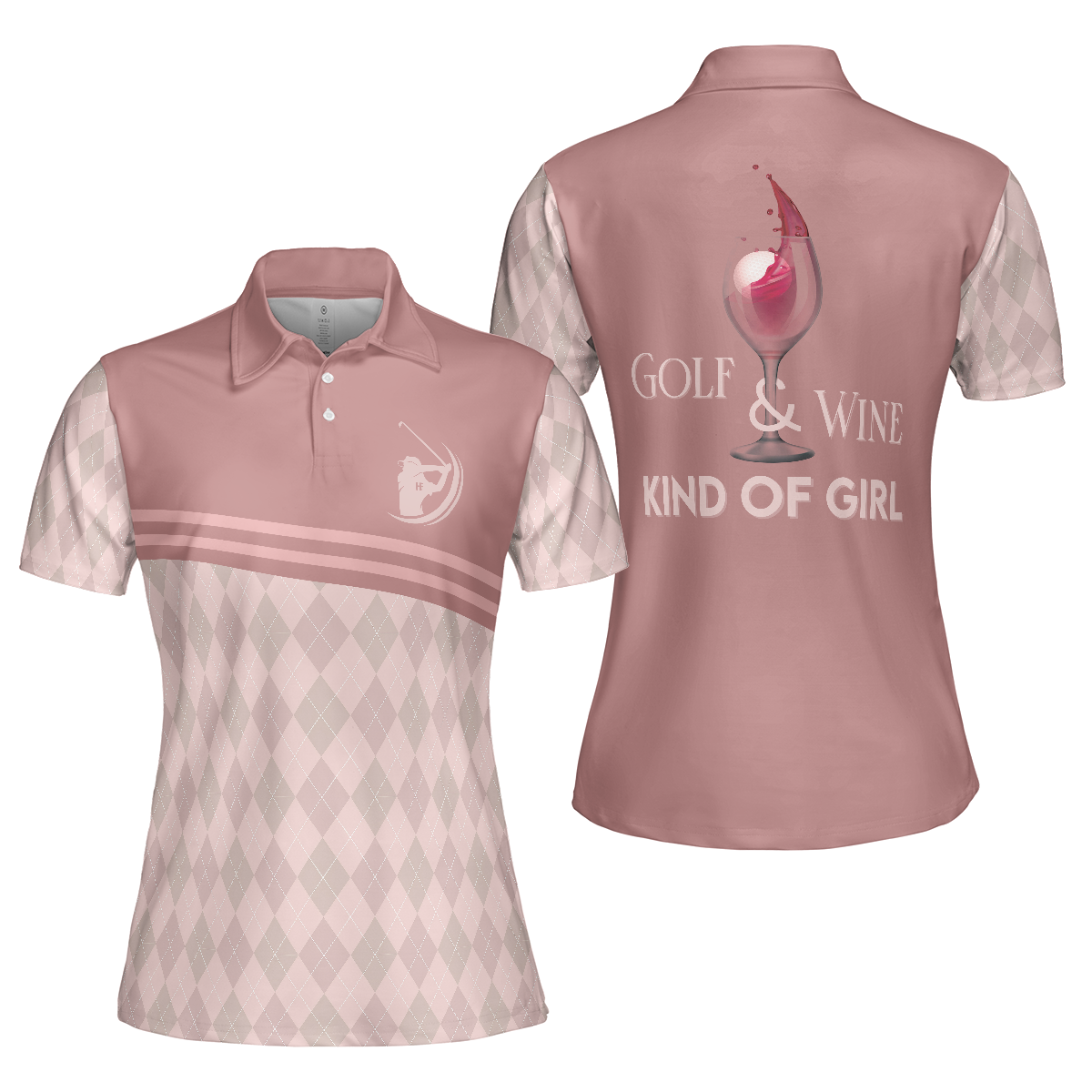 Pink Argyle Pattern Golf Women Polo Shirt, Golf & Wine Kind Of Girl Short Sleeves Shirt, Wine Golf Shirt For Ladies, Best Golf Shirt For Women Golfers