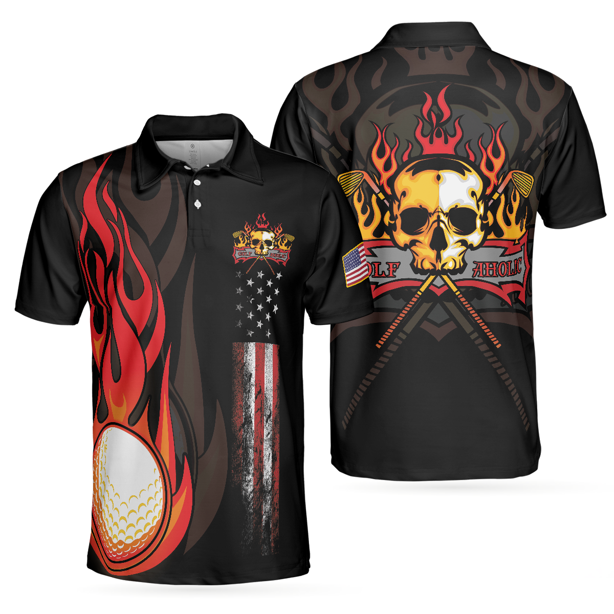 Golf Flame Skull Short Sleeve Golf Men Polo Shirt, Black American Flag Golf Shirt For Men, Cool Gift For Golfers