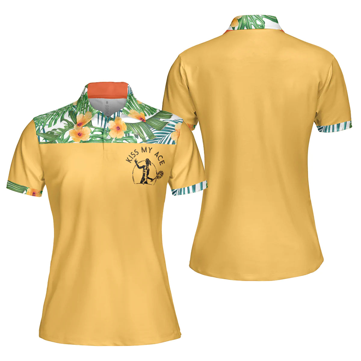 Tropical Pattern Tennis Women Polo Shirt, Kiss My Ace Floral Tennis Shirt For Female Short Sleeve