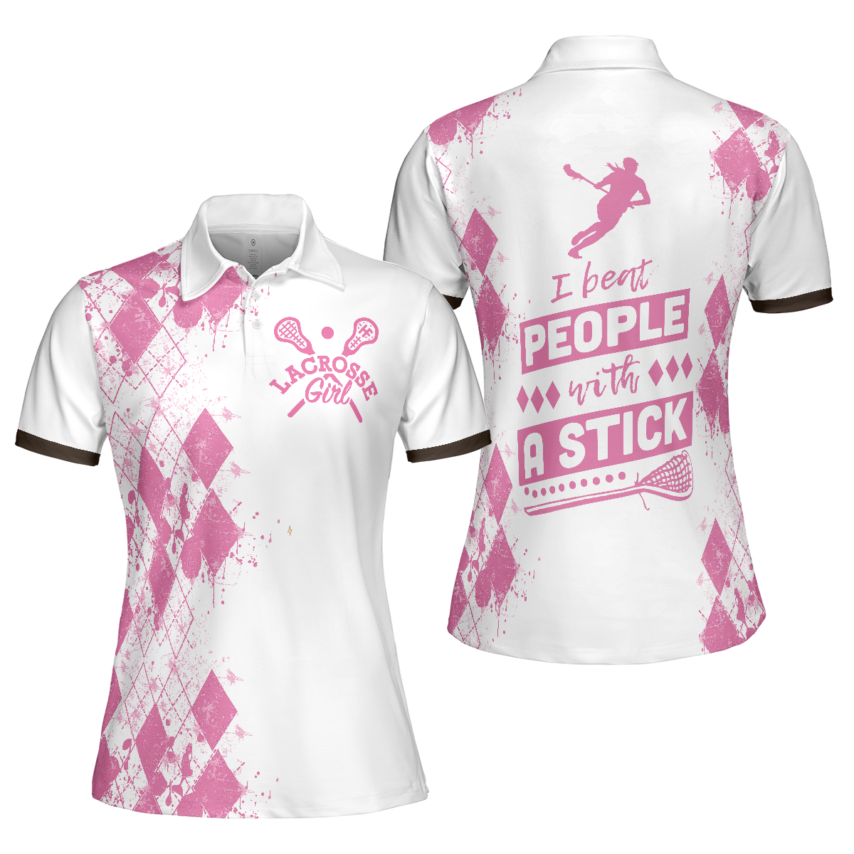 Lacrosse Women Polo Shirt, I Beat People With A Stick Lacrosse Short Sleeve Women Polo Shirt, White And Pink Lacrosse Shirt For Ladies