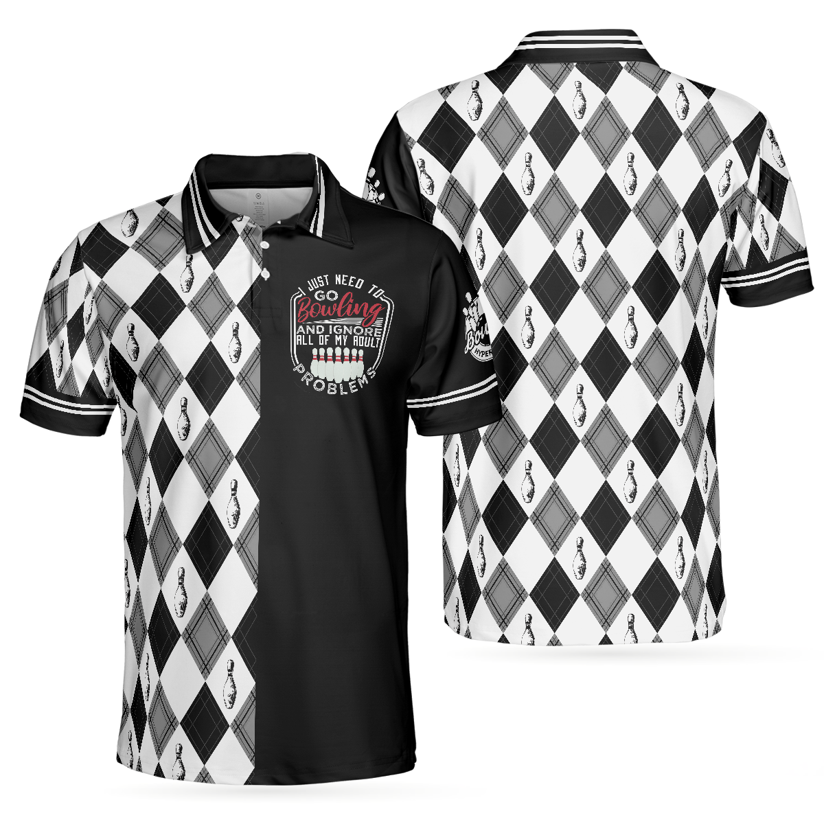 I Just Need To Go Bowling Polo Shirt, Black And White Argyle Pattern Polo Shirt, Best Bowling Shirt For Men